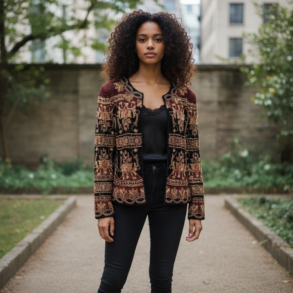 Vintage Baroque Gold, Black & Red Sequin Jacket | Hand-Embellished